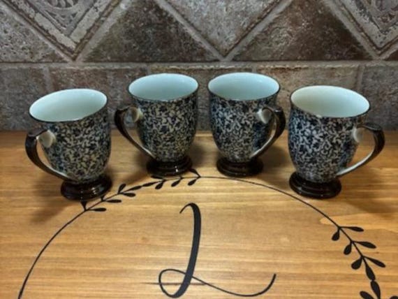 Set of Four (4) Arita Japan  Green and Blue Pedestal Mugs Vines and Leaf Pattern