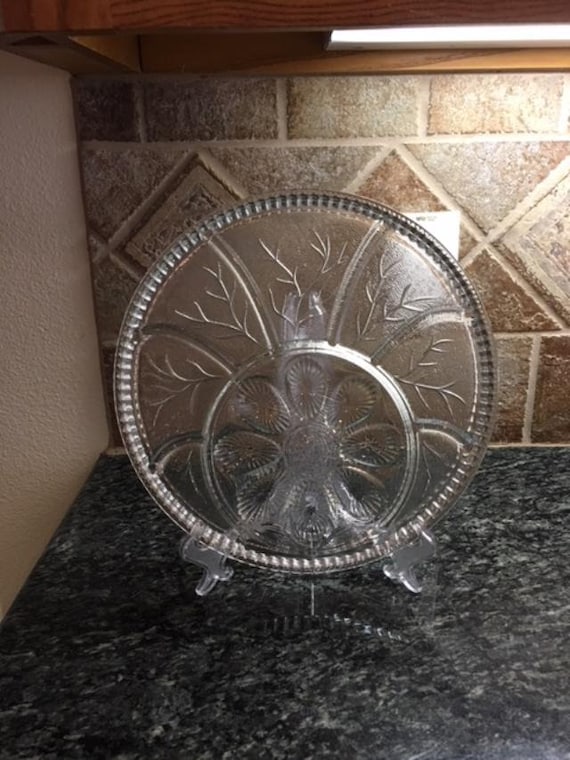 Vintage Indiana Clear Glass Relish Deviled Egg Platter Pebble Leaf Tree of Life - PRICE is per PLATE