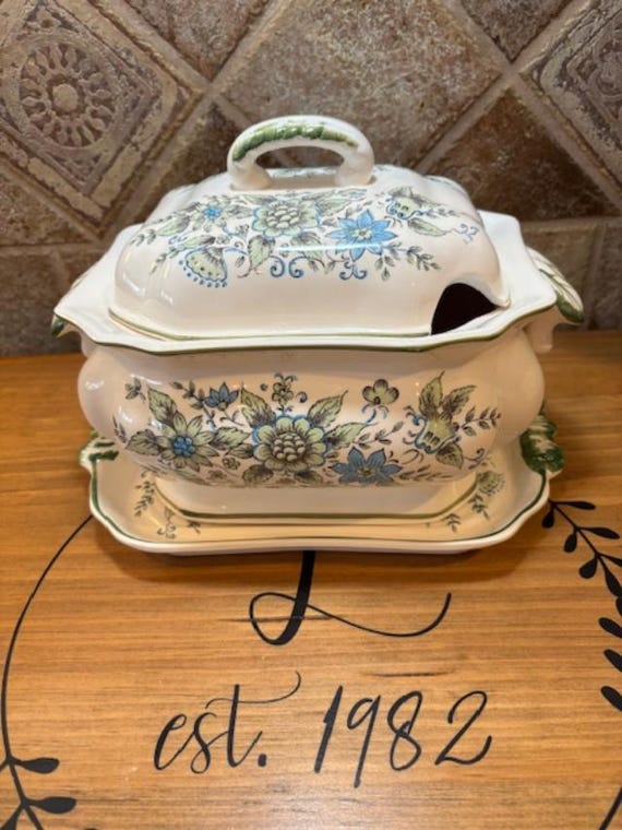 Nasco Green and Blue Floral Stoneware Soup Tureen with Lid and Underplate