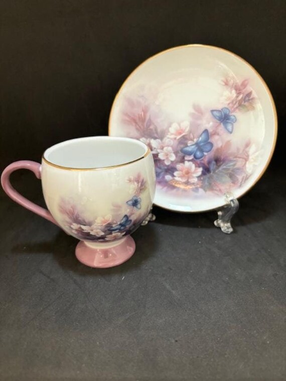 Lena Liu China Blossoms and Butterflies Teleflora Footed Cup and Saucer Set