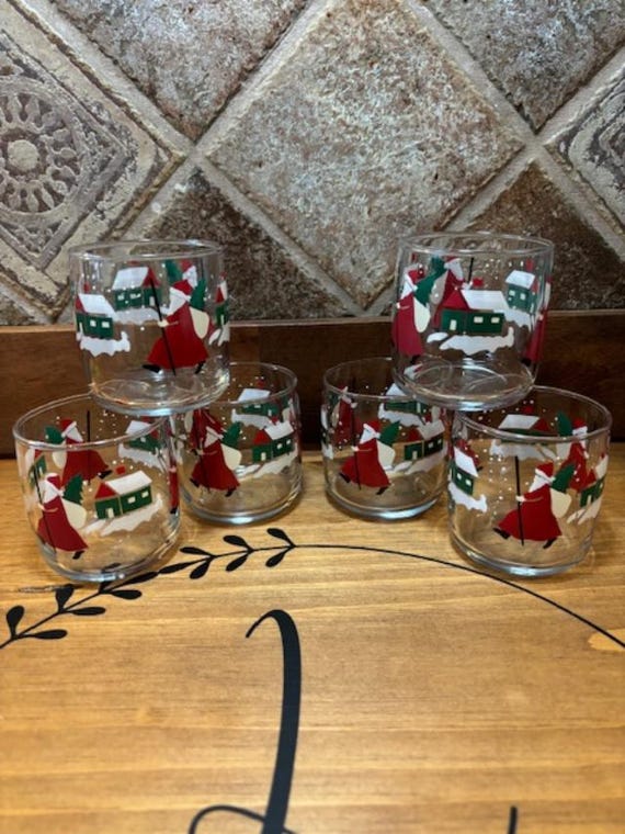 Vintage Set of Six (6) Anchor Hocking Country Claus Rocks Glasses 9.5 ounces
