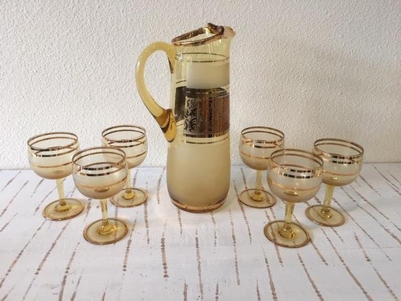 Stunning 7 piece set Bohemian Glass Czech Crystal Cocktail Pitcher and glasses