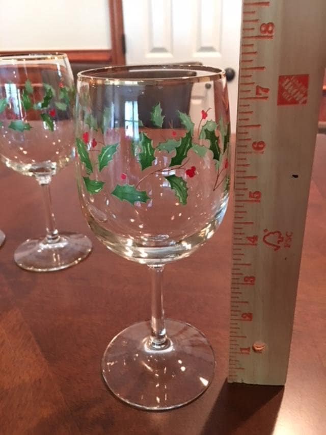 Four (4) Lenox Holiday Dimension Holly & Berry Wine Water Goblets with Gold Band