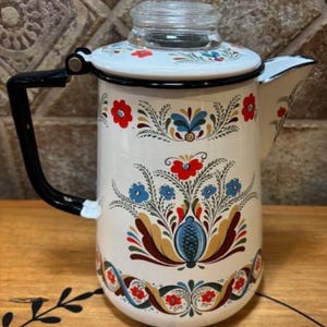 Vintage Berggren Sweden Enamelware Coffee Pot - GLASS Handle IS NOT Original