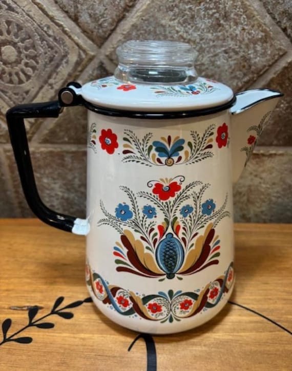Vintage Berggren Sweden Enamelware Coffee Pot - GLASS Handle IS NOT Original