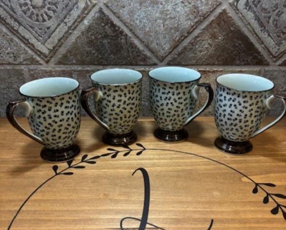 Set of Four (4) Arita Japan  Green and Blue Pedestal Mugs Small Flower Pattern