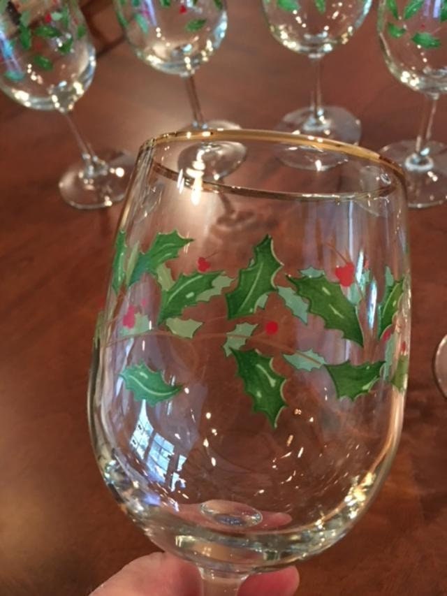Four (4) Lenox Holiday Dimension Holly & Berry Wine Water Goblets with Gold Band