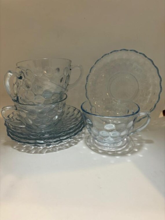 Four (4) Sets Anchor Hocking Light Bubble Blue Teacup and Saucers 1940s