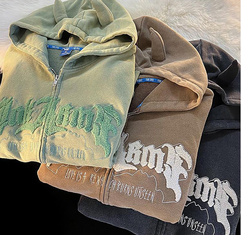 Y2K Devil Horn Embroidered Letter Hoodie Harajuku Hoodie zip Etsy