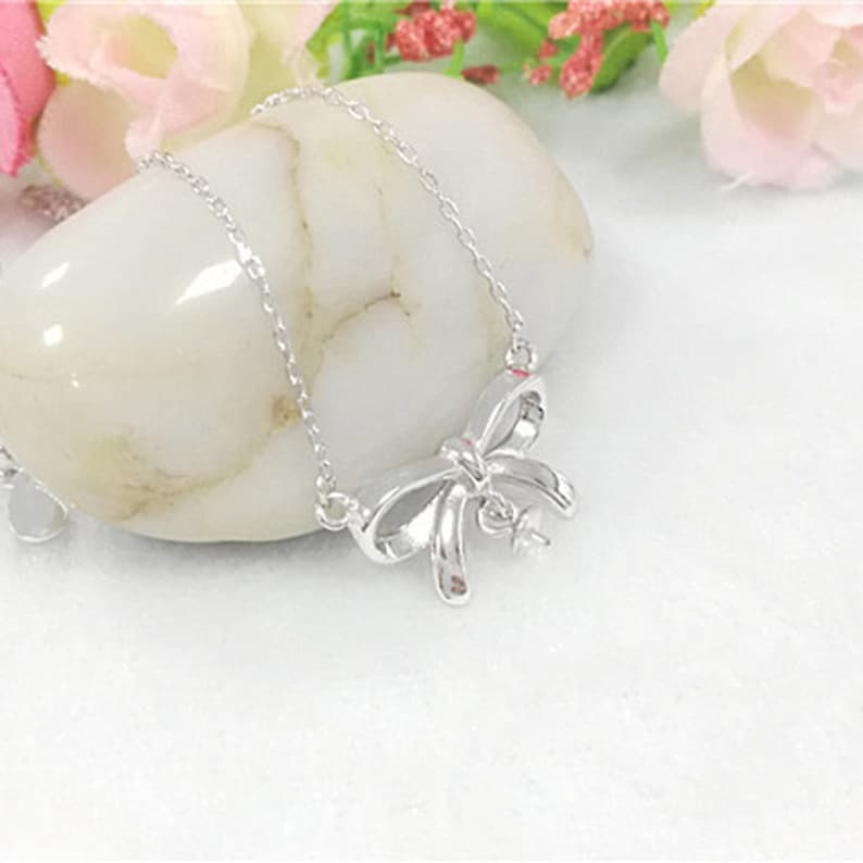 Bow Necklace Setting Handmade Necklace Base . Silver Necklace Holder S925 Sterling necklace Setting Diamond-inlaid Pendant Base