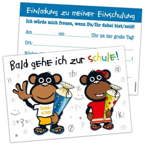Knuffel der Affe Einladungskarten Einladung zur Einschulung, DIN A6 mit vorgedruckter Rückseite, 10 Stück, DIN A6 Tafel