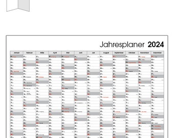 Wandplaner 2024 Wandkalender, Monatskalender, Tagesplaner, Studentenplaner, Jahresübersicht, gefaltet,  DIN A1 Grau