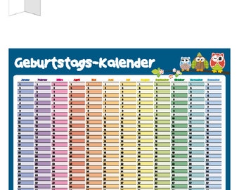 Geburtstagskalender, Immerwährender Kalender, Wandkalender, wiederkehrende Termine, Happy Birthday, Hochzeitstage, Geburtstage, Eulen DIN A3