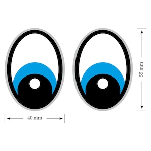 Könnte beinhalten: Zwei große, cartoonartige Augen mit schwarzen Pupillen, blauen Iris und grauen Augenlidern. Die Augen sind 40 mm breit und 55 mm hoch.