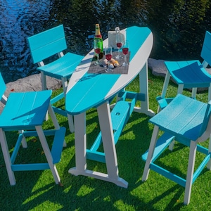 6&#39; Surf-Aira Surfboard Bar Table, 4 Bar Chairs, All Weather Outdoor Poly Set