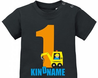 Erster Geburtstag Shirt - 1 Geburtstag - Bagger Eins mit Wunschname - personalisierbar mit Kindername - Jungen - Baby T-Shirt