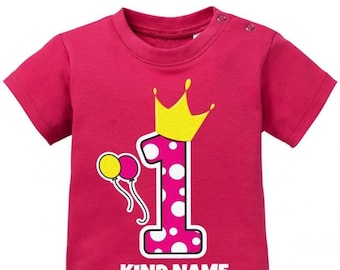 1 Geburtstag - Pünktchen Eins Pink Krone - Mädchen - Baby T-Shirt mit Wunschnamen