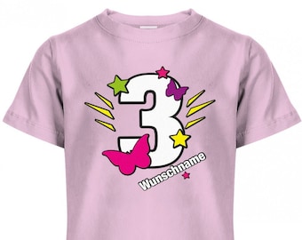 Drei 3 Schmetterlinge Sterne Geburtstag mit Wunschname - Kinder T-Shirt