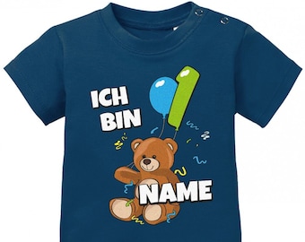 Erster Geburtstag Shirt - Ich bin 1 Teddy Luftballon mit Wunschname für Junge und Mädchen Baby T-Shirt