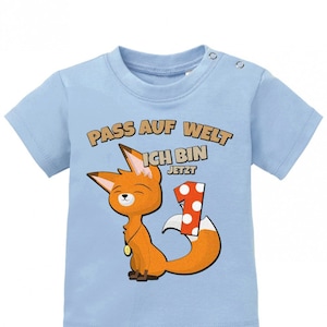 Erster Geburtstag Pass auf Welt ich bin jetzt 1 Fuchs Baby Shirt Junge und Mädchen Hellblau