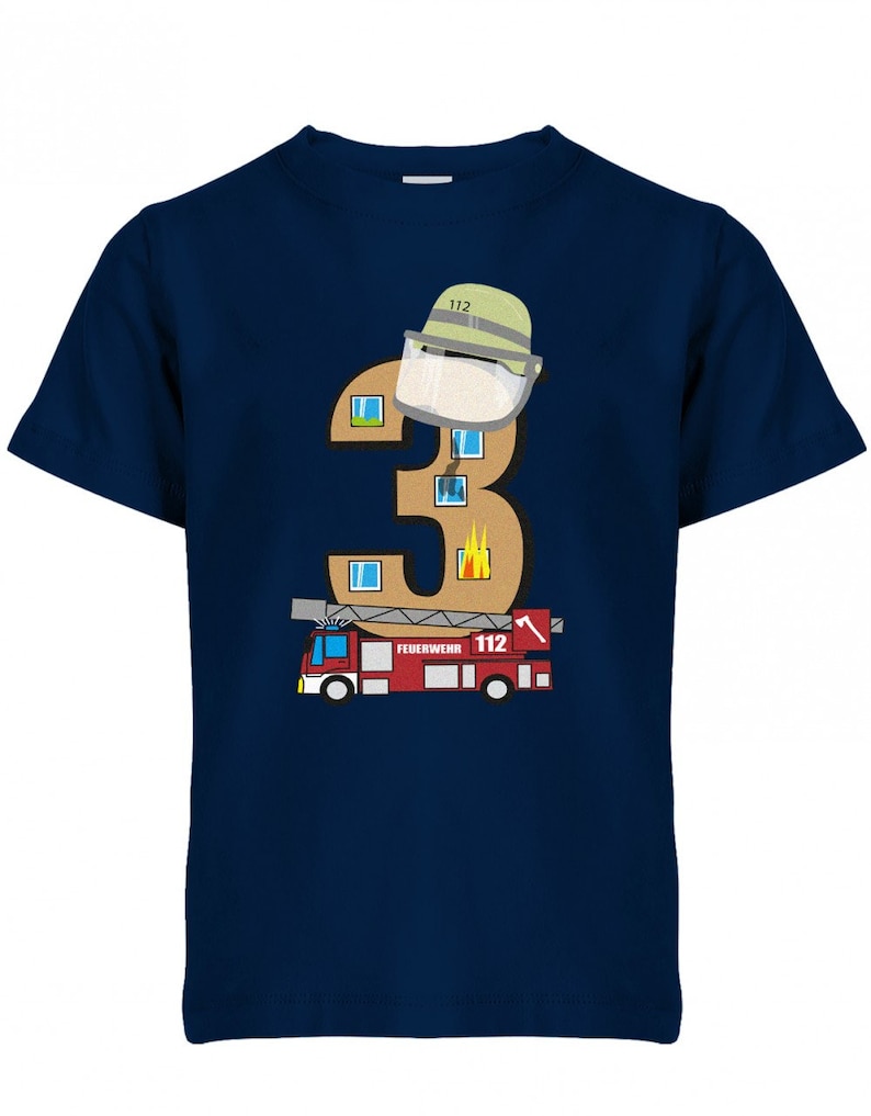 Drei 3 Feuerwehr Geburtstag Kinder T-Shirt Navy