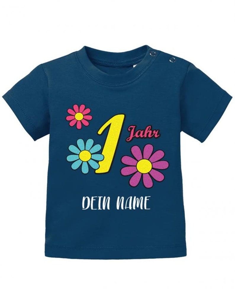 Blümchen 1 Jahr Wunschname Erster Geburtstag Baby T-Shirt Navy