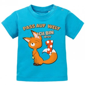 Erster Geburtstag Pass auf Welt ich bin jetzt 1 Fuchs Baby Shirt Junge und Mädchen Bleu