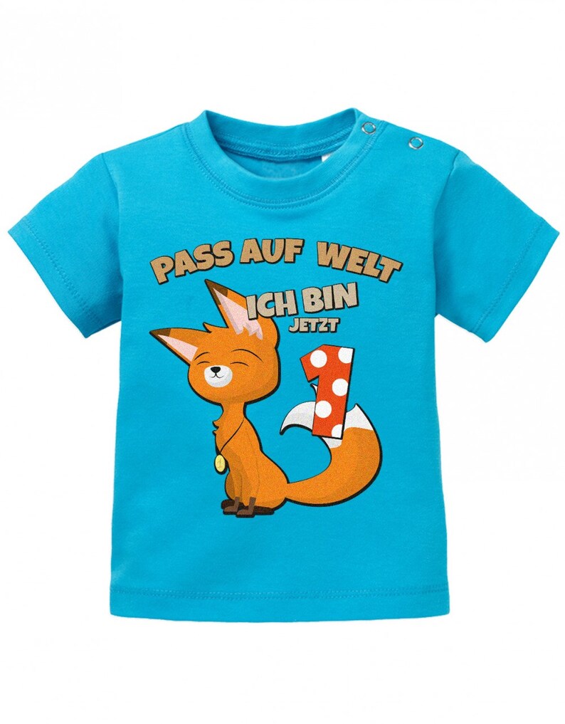 Erster Geburtstag Pass auf Welt ich bin jetzt 1 Fuchs Baby Shirt Junge und Mädchen Bleu