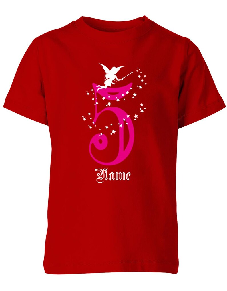 Geburtstagsshirt 5 Fee mit Glitzersternchen personalisierbar mit Name für Mädchen Rot