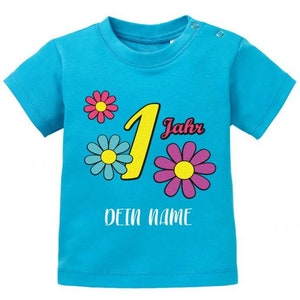 Blümchen 1 Jahr Wunschname Erster Geburtstag Baby T-Shirt Blau