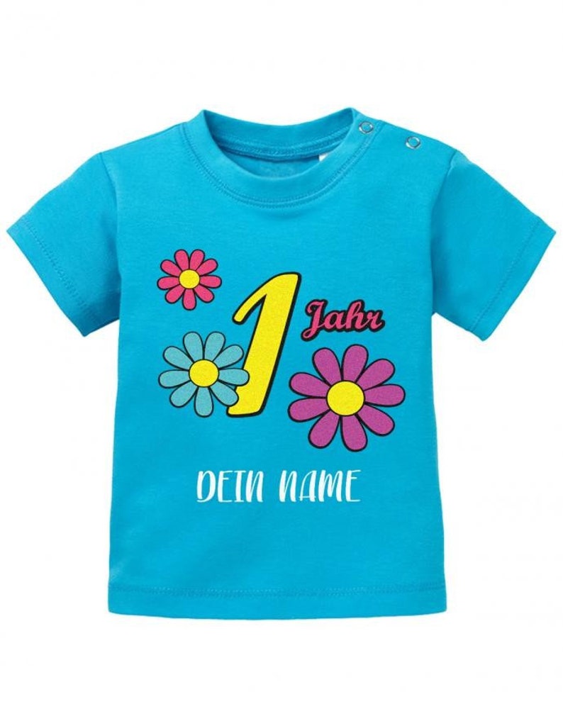 Blümchen 1 Jahr Wunschname Erster Geburtstag Baby T-Shirt Blau