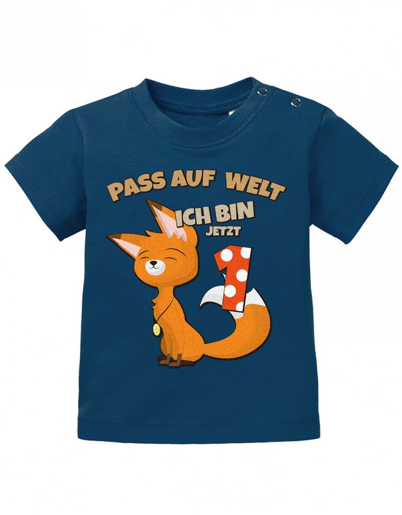 Erster Geburtstag Pass auf Welt ich bin jetzt 1 Fuchs Baby Shirt Junge und Mädchen Navy