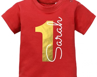 Erster Geburtstag Shirt - Goldene 1 mit Schreibschrift Wunschname erster Geburtstag Baby T-Shirt