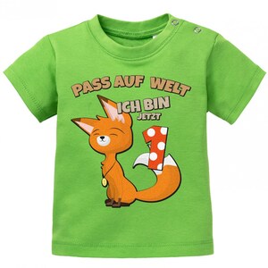 Erster Geburtstag Pass auf Welt ich bin jetzt 1 Fuchs Baby Shirt Junge und Mädchen Grün