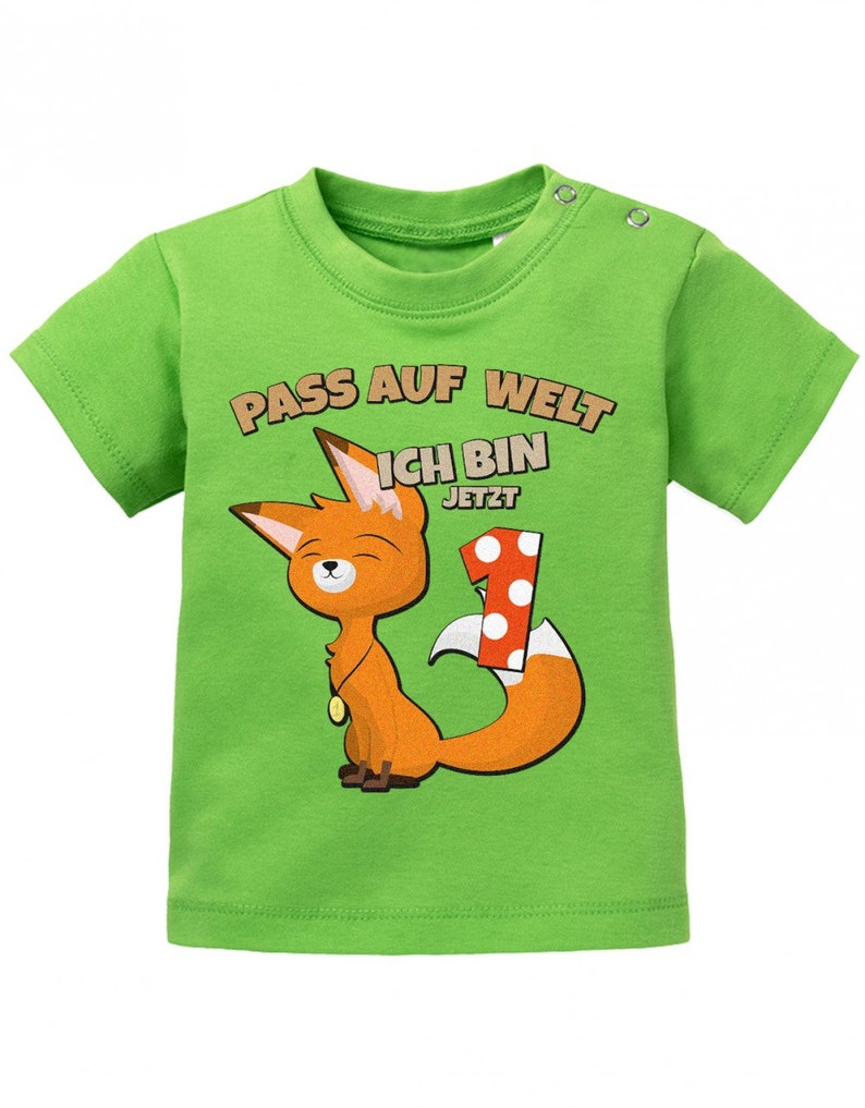 Erster Geburtstag Pass auf Welt ich bin jetzt 1 Fuchs Baby Shirt Junge und Mädchen Grün