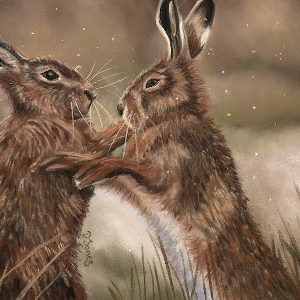 Digital print of my original painting of boxing hares entitled 'Fisticuffs'