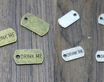 BULK 50 Drink me tag charms antique silver tone M95