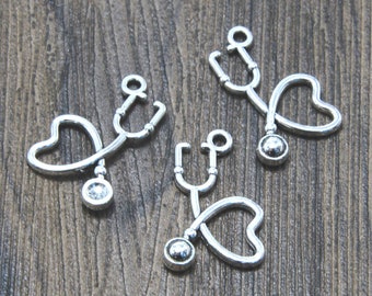 30 Antique Silver Tone Stethoscope Charms: Medical Pendants (22x14mm)