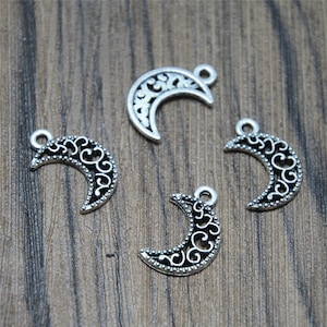 60pcs/lot Hollow Out Mini Moon Charms Antiqued silver Tone Mini Moon charm pendants 17x11mm