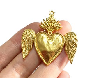 3PCS Gold Sacred Heart with Wings Charm, Religious Pendant for Jewelry Making 18*54mm