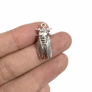 Puede incluir: Un dije de metal plateado con forma de insecto cigarra. El dije presenta líneas grabadas detalladas en las alas y el cuerpo, con un pequeño lazo circular en la parte superior para su fijación. La superficie tiene un acabado oxidado.