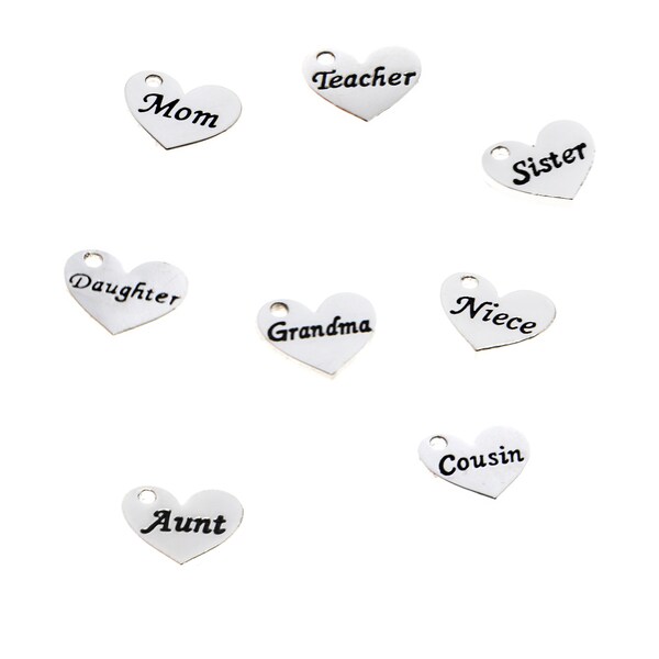 10pcs Family heart charms Antique silver tone mom teacher sisiter niece cousin grandma aunt daughter pendant DIY jewelry 12x35mm
