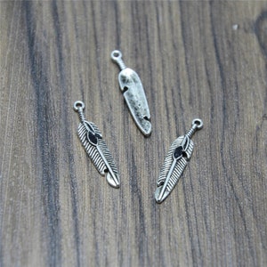 25pcs Feather charms  silver tone black Feather Charm Pendant 27x6mm