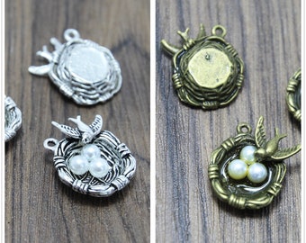 Vogelnest Charms: Silber & Bronze Ton Anhänger mit Perle Perlen (5 Stück)