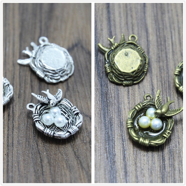 5pcs Bird Nest Charms Silver bronze Tone with 3 Pearl Like Beads Simply Stunning,bird nest pendants 24x23mm