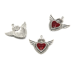Sacred Heart Winged Charm: Goth Red Enamel Pendant (3pcs)