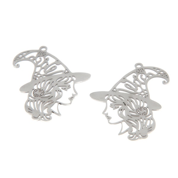 5pcs / lot Charme de sorcière Witch Hat Witch Girl Face Pendentif de charme en acier inoxydable 47x33mm