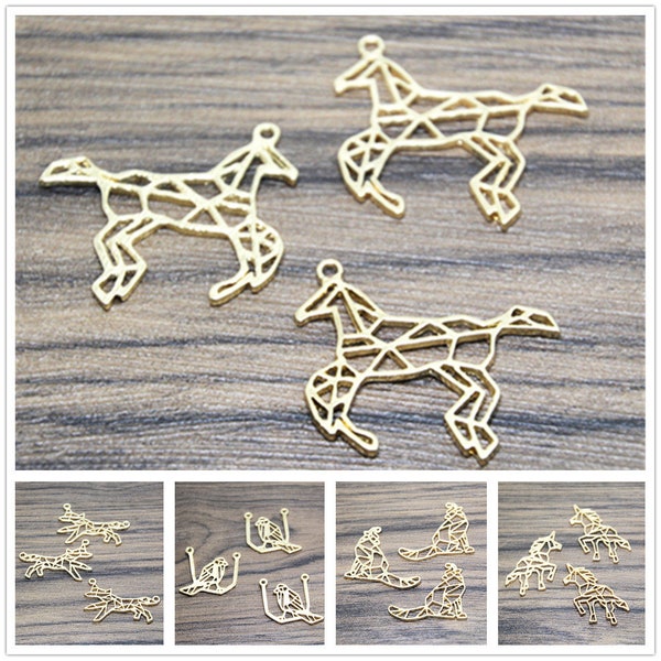 15pcs Animal charm gold tone Origami Cat Unicorn horse Fox Bird charm pendant