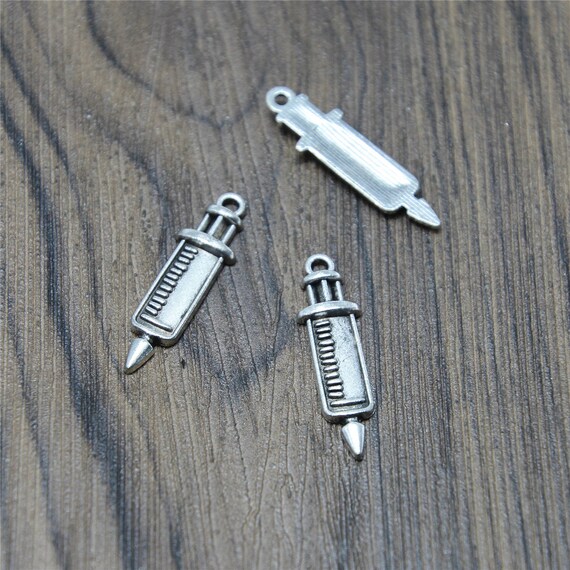 20 Silver Tone Needle Charms: Zinc Alloy Pendants (30x9mm)