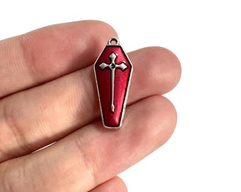 20 colgantes de ataúd de esmalte rojo, colgante de cruz gótica para la fabricación de joyas, 26 x 11 mm